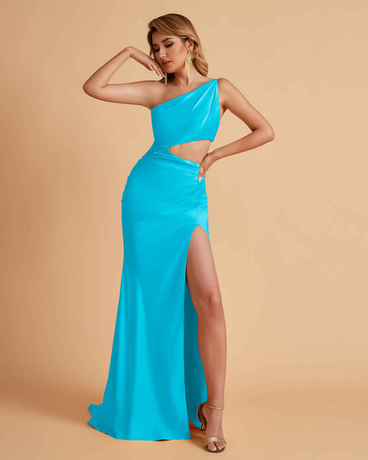 Sexy One-Shoulder Waist Cutout With High Split Floor-Length Bridesmaid Dresses