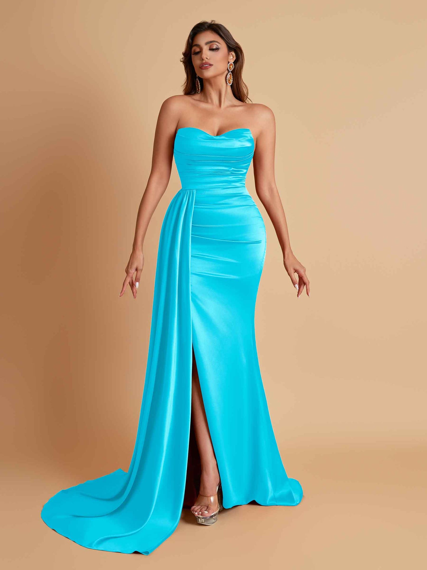 Elegant Soft Satin Sweetheart Strapless Side-Slit Mermaid Bridesmaid Dresses