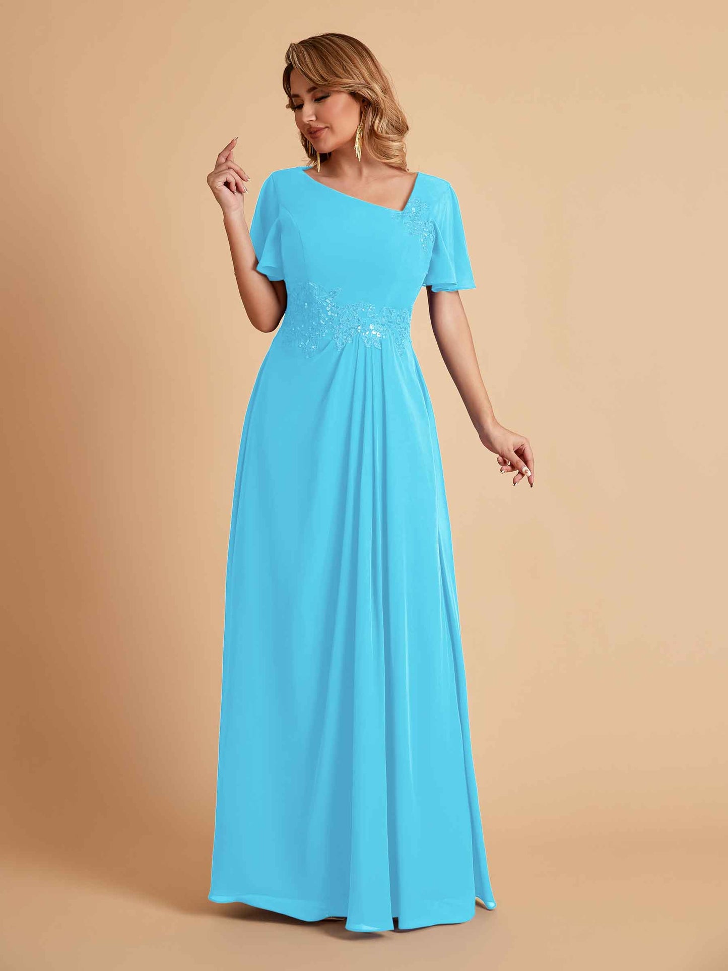 Elegant A-Line Chiffon Short Sleeves V-Neck Mother of the Brides Dresses Online