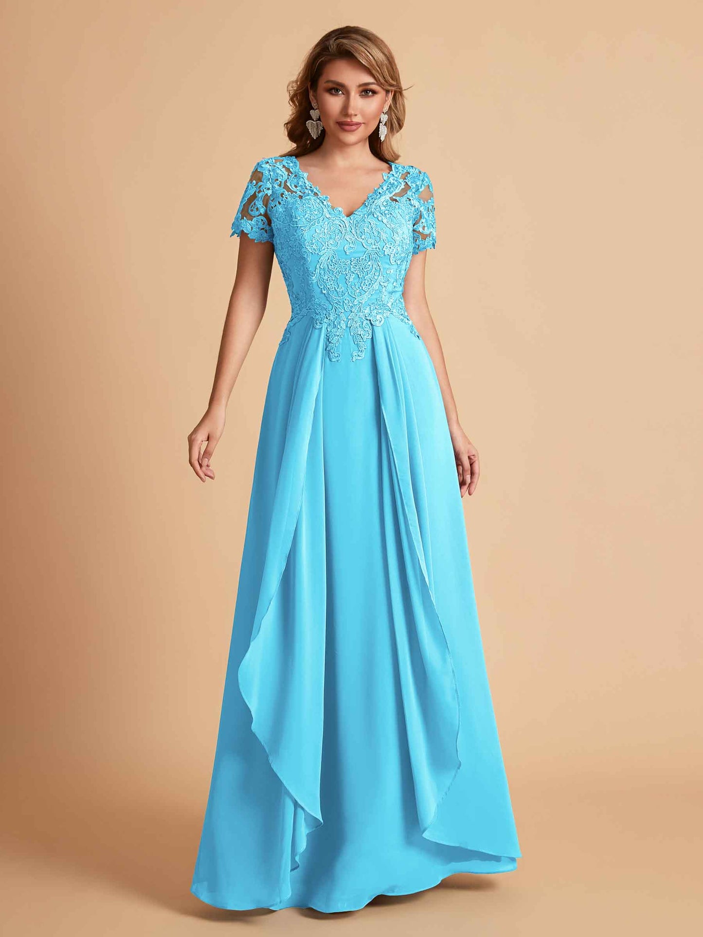 Elegant A-Line Chiffon Short Sleeves V-neck Mother of the Brides Dresses Lace Top MOB Dresses