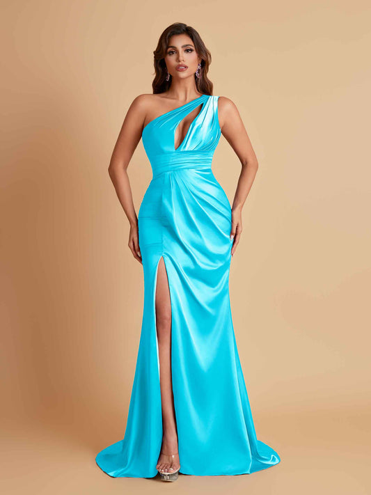 Sexy One Shoulder Soft Satin Side Slit Floor-Length Mermaid Bridesmaid Dresses