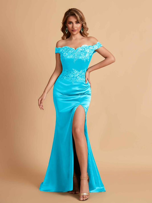 Elegant Satin Off Shoulder Mermaid Side Slit Floor Length Bridesmaid Dresses