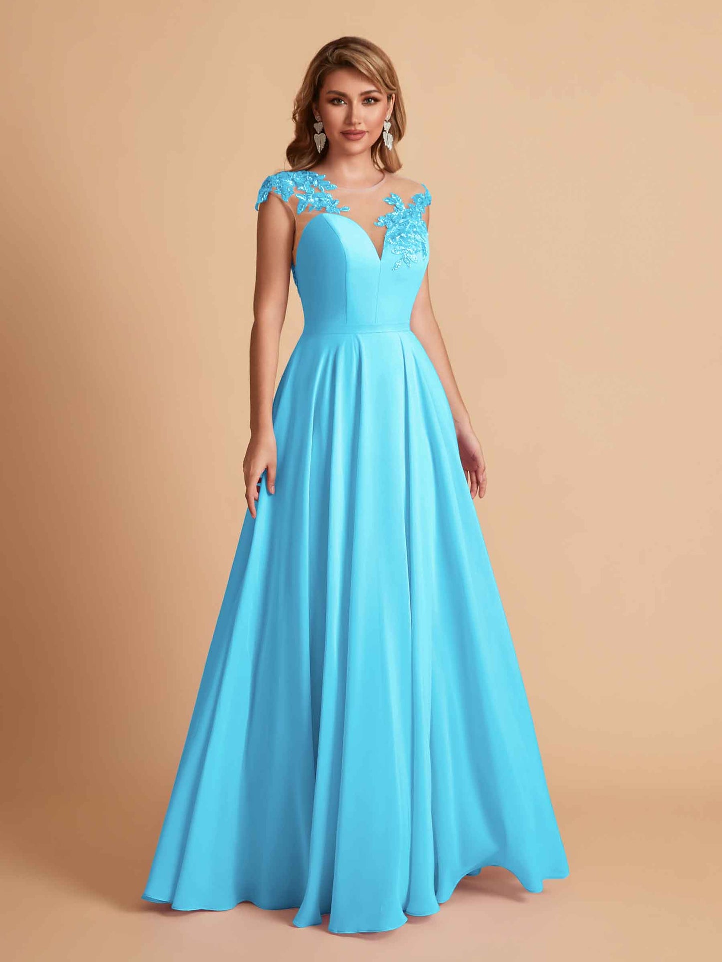 Chiffon Illusion Lace Top A-line Bridesmaid Dresses V-neck Floor Length Wedding Guest Dresses