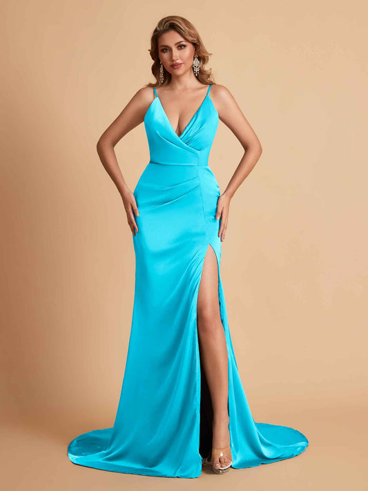 Elegant Satin Spaghetti Straps V-Neck Mermaid Side Slit Floor Length Bridesmaid Dresses