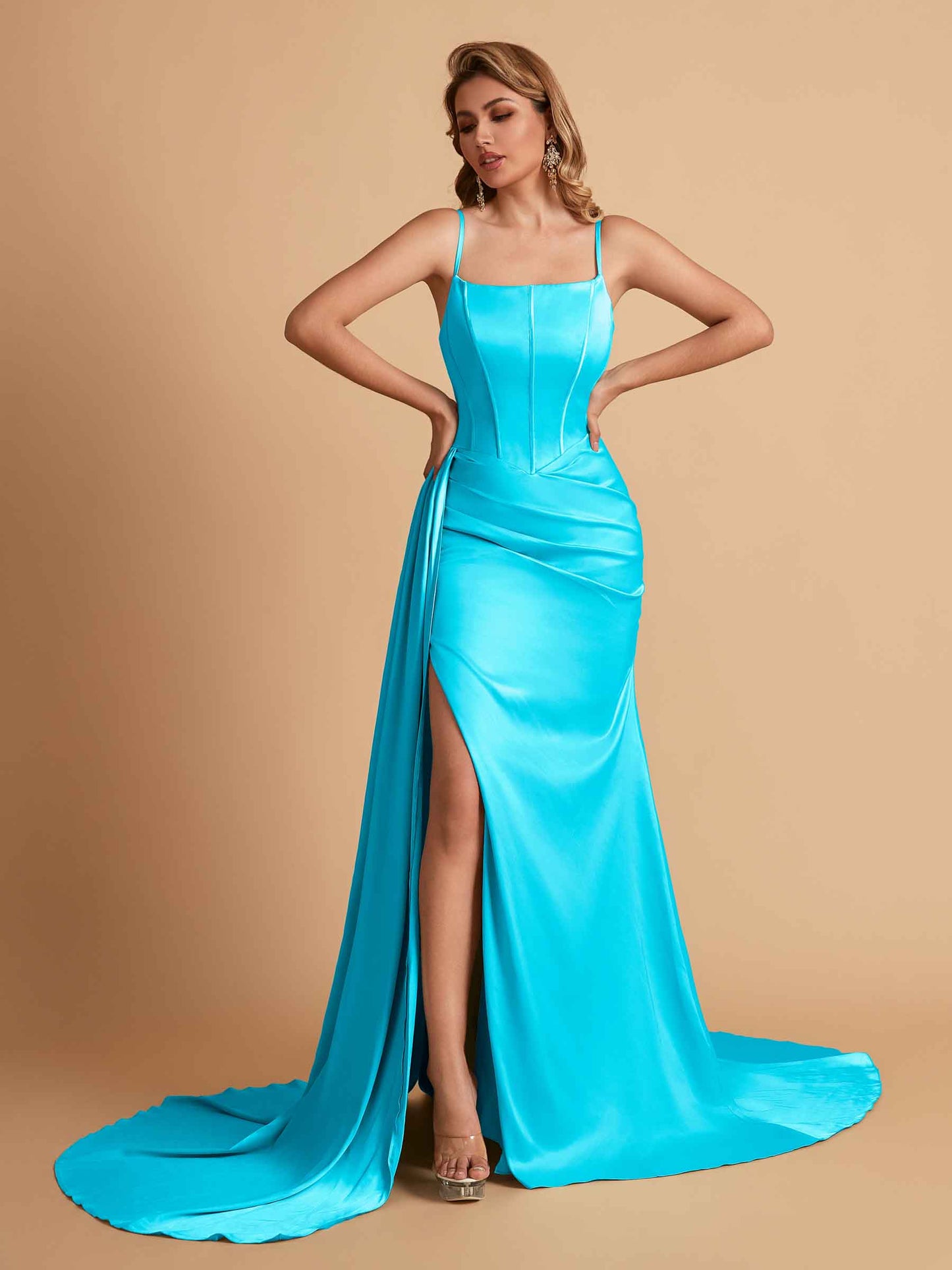 Elegant Satin Spaghetti Straps Mermaid Side Slit Floor Length Bridesmaid Dresses