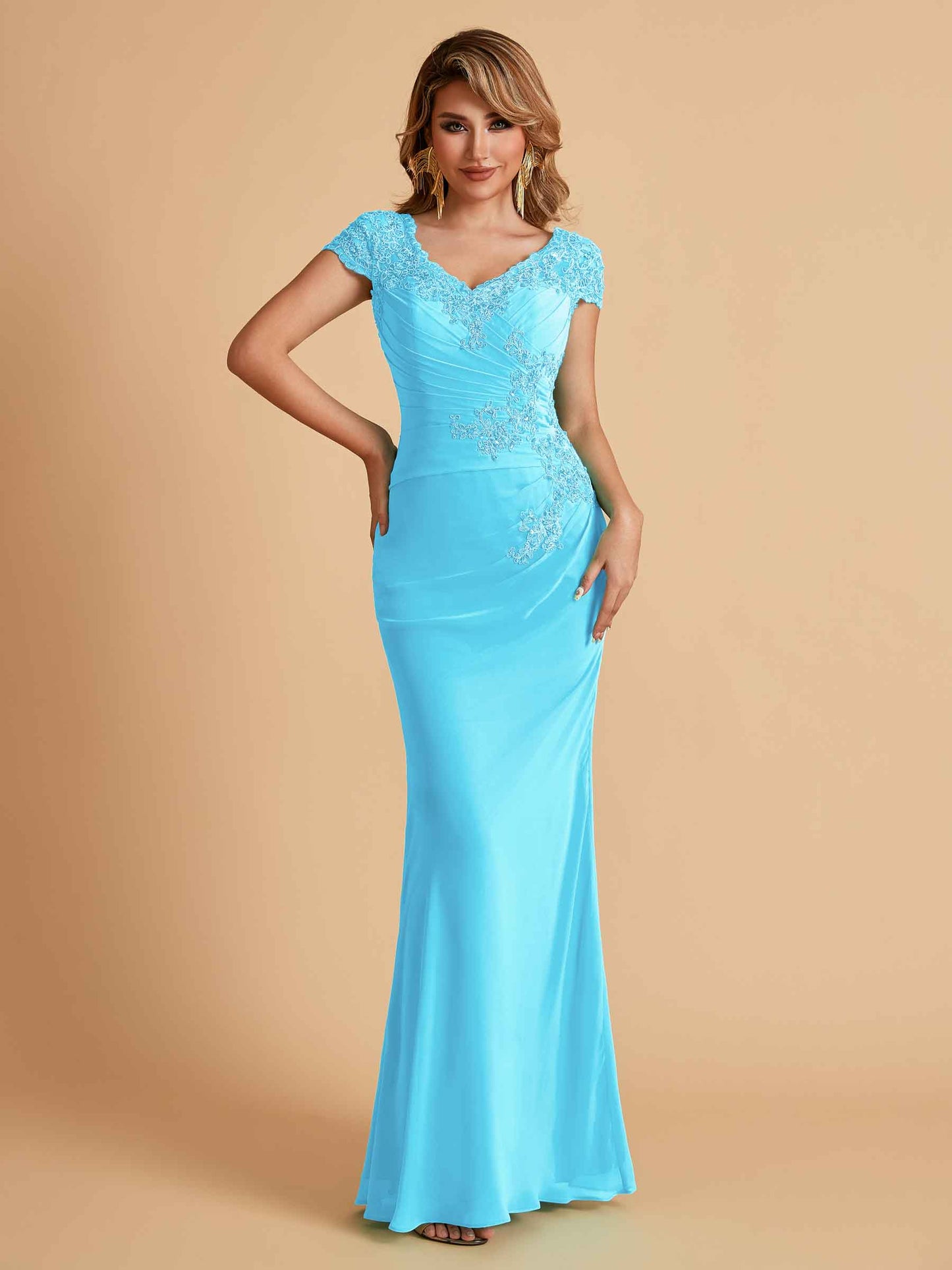 Elegant Mermaid Chiffon Cap Sleeves V-Neck Mother of the Brides Dresses Online