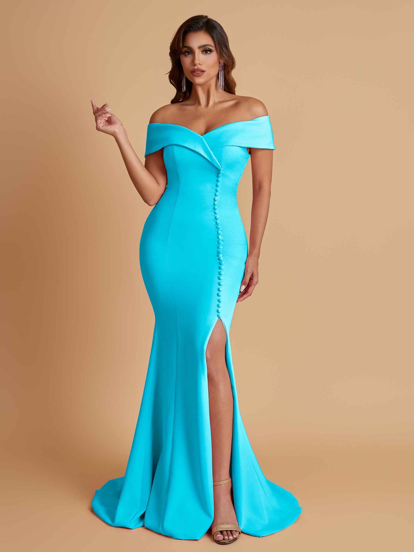 Elegant Soft Satin Mermaid Off Shoulder Side Slit Floor-Length Bridesmaid Dresses