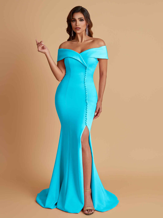 Elegant Soft Satin Mermaid Off Shoulder Side Slit Floor-Length Bridesmaid Dresses