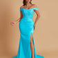 Elegant Soft Satin Mermaid Off Shoulder Side Slit Floor-Length Mermaid Bridesmaid Dresses