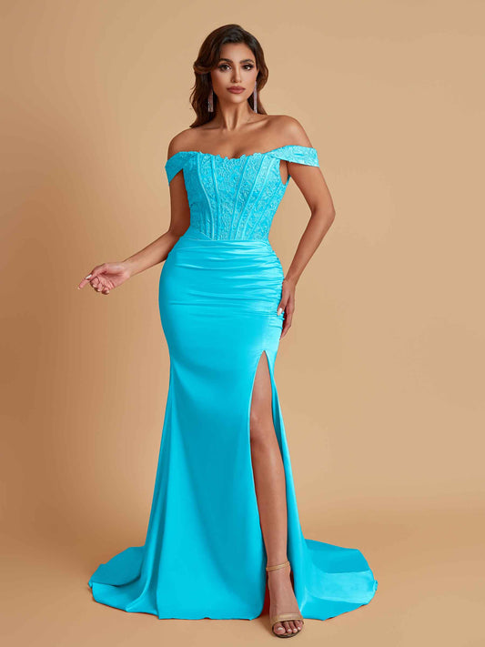 Elegant Soft Satin Mermaid Off Shoulder Side Slit Floor-Length Mermaid Bridesmaid Dresses