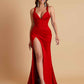 Stunning V Neck Soft Satin Side Slit Floor-Length Mermaid Bridesmaid Dresses