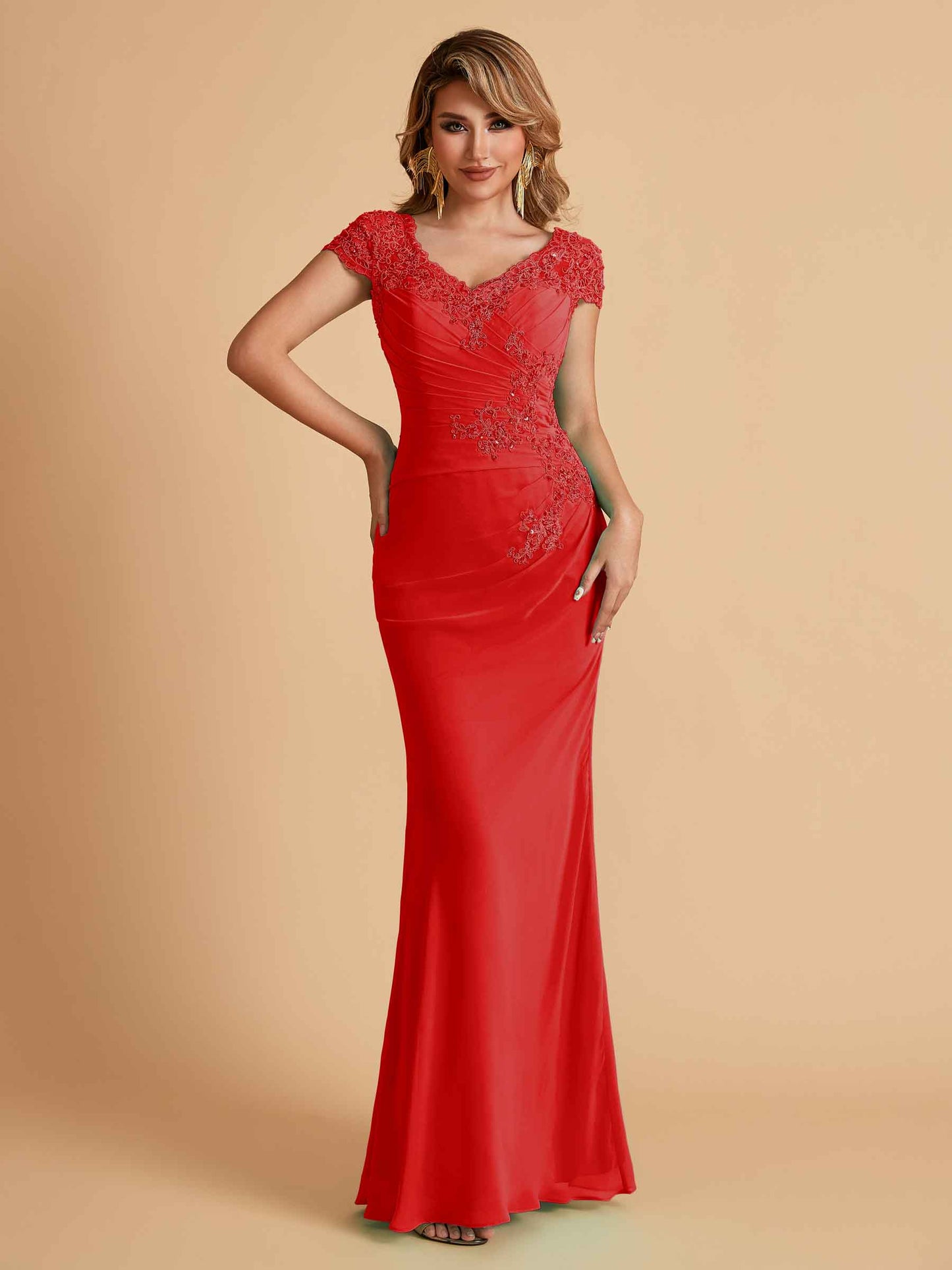 Elegant Mermaid Chiffon Cap Sleeves V-Neck Mother of the Brides Dresses Online