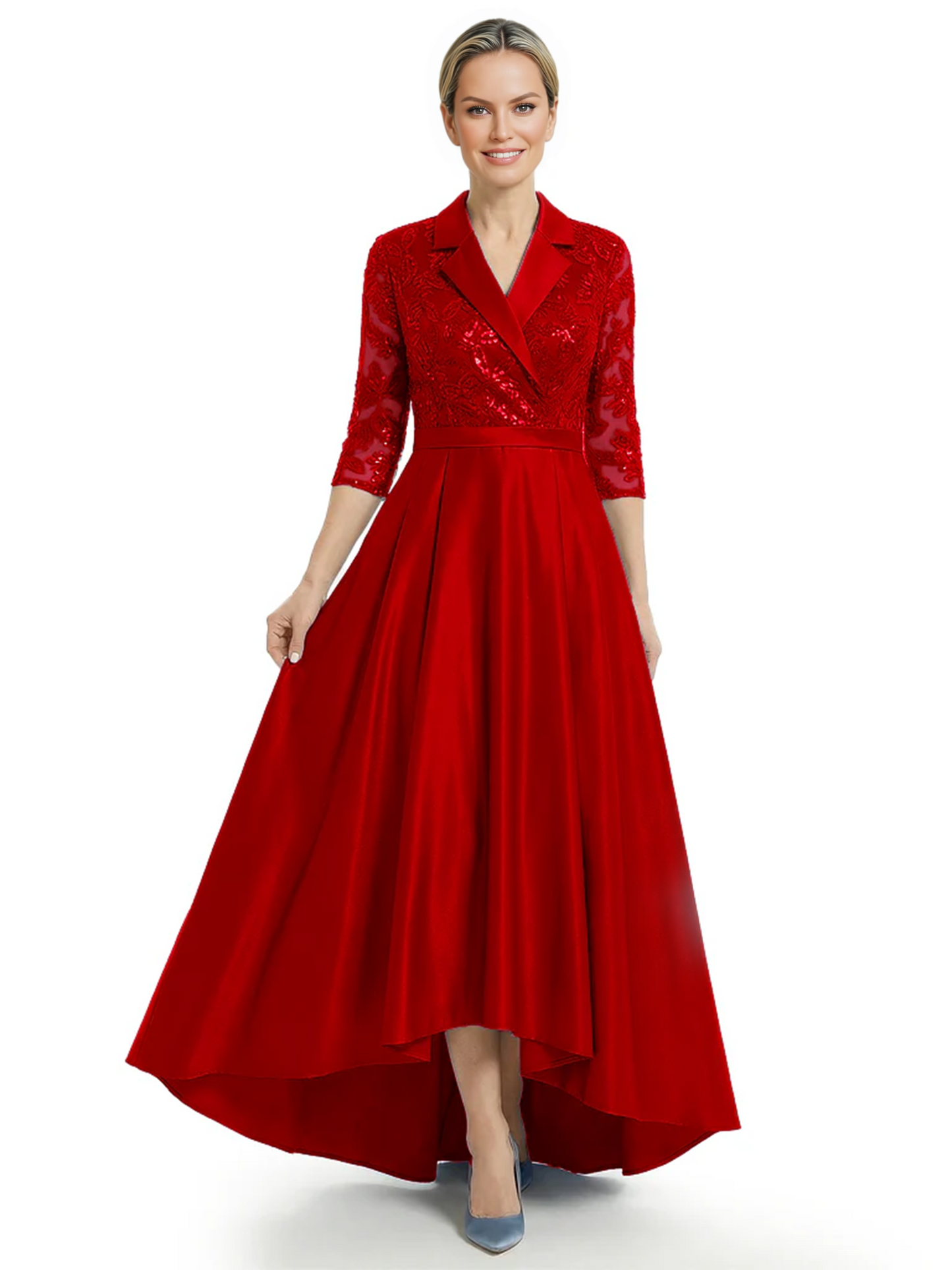 Elegant Mother of Bride Dress Evening Gowns Trending Styles with Lapel Collar 3/4 Sleeves