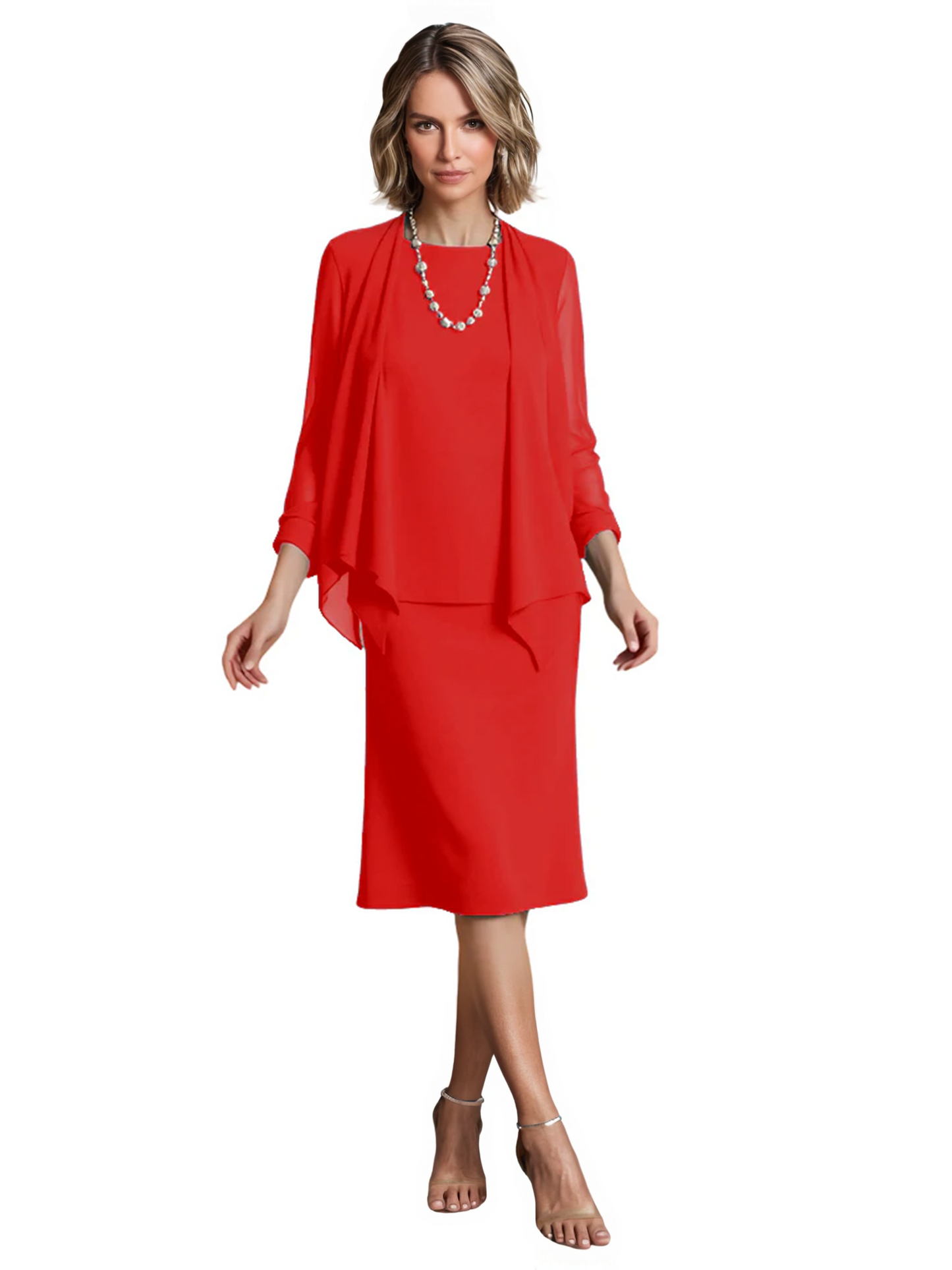 3 PCS Knee-Length Mother of Bride Dresses Prom Dress Evening Dress with Sheer Sleeves and Jacket