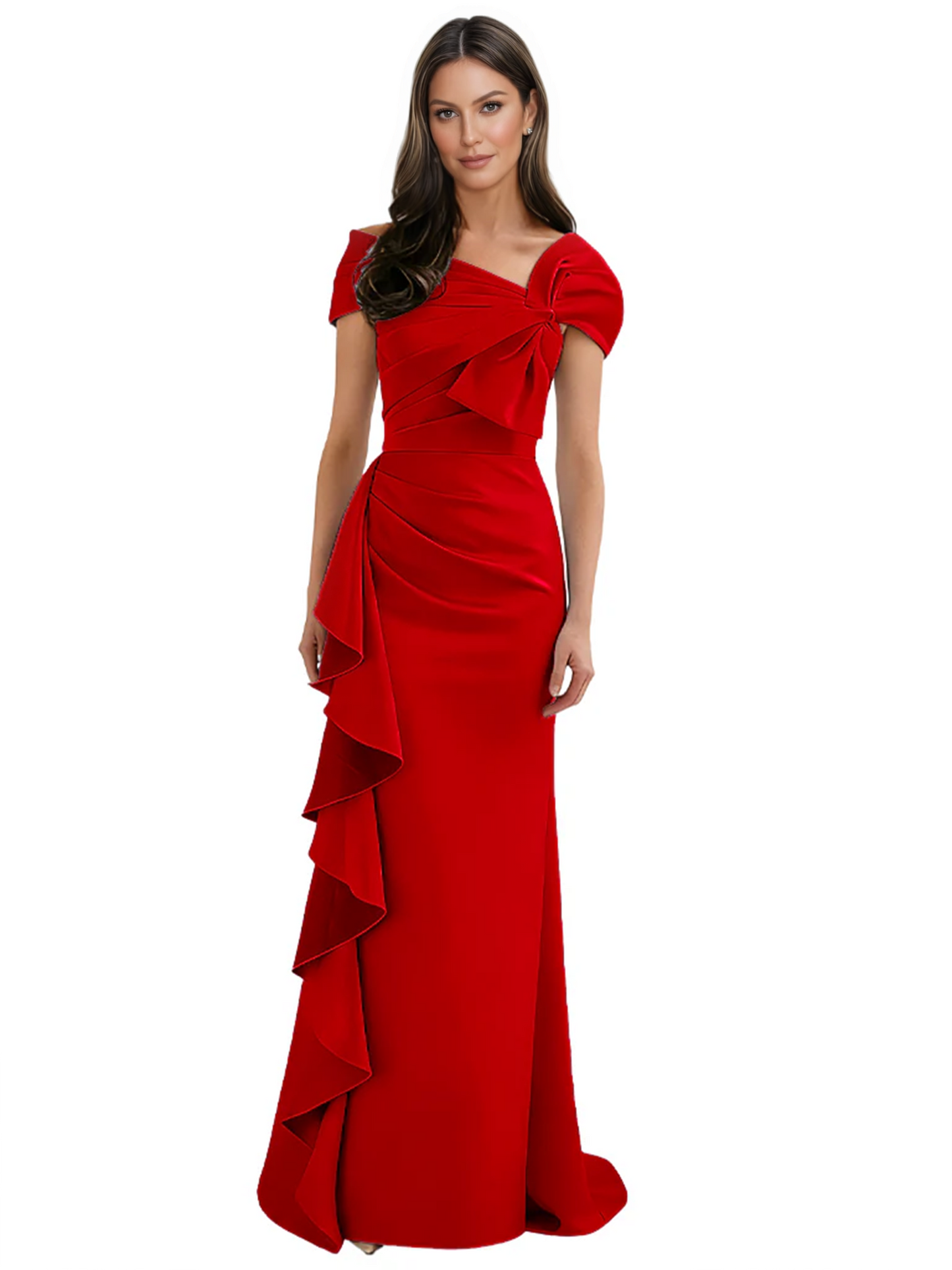Elegant Mother of Bride Dress Formal Gowns Mermaid Ruffle Floor Length Asymmetric Neckline