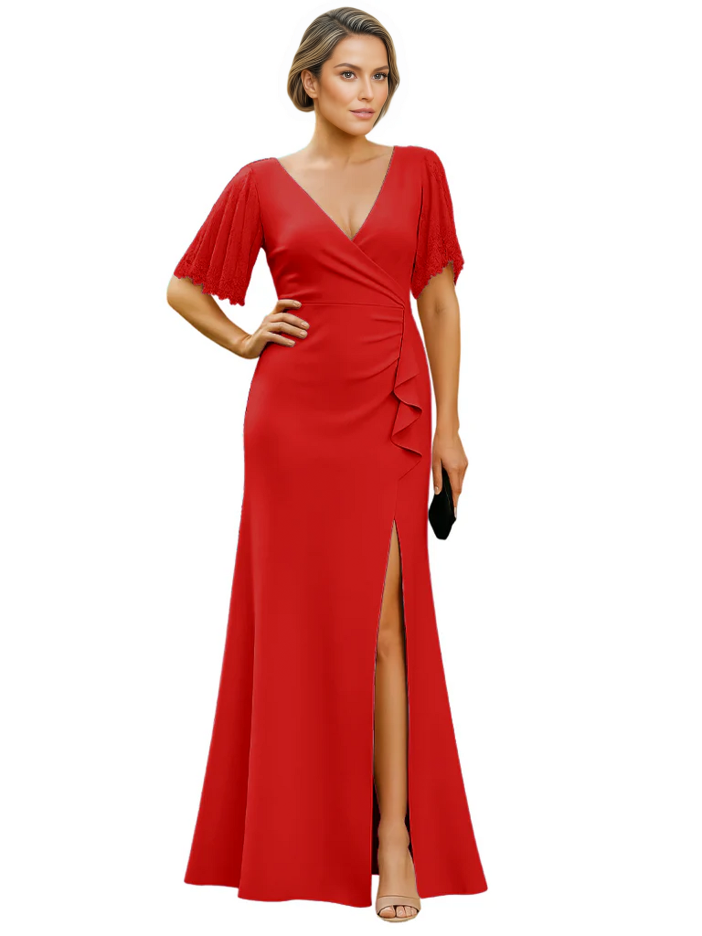 Elegant Evening Gown Trending V-Neck & Ruffle Detail Mother of Bride Outfits Slit