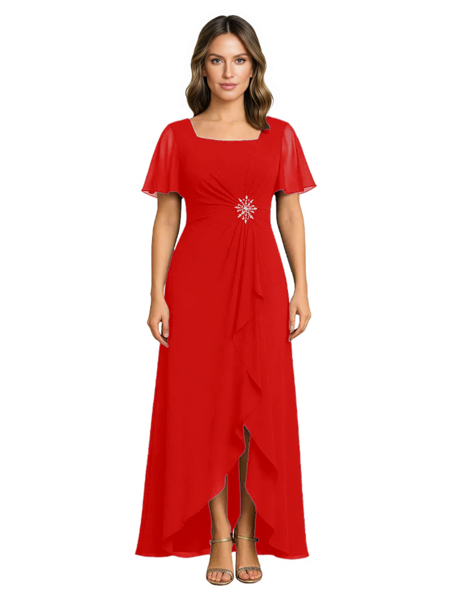 Formal High-Low Mother of the Bride Gown Sleeved Chiffon Maxi Dress Ruched Waist