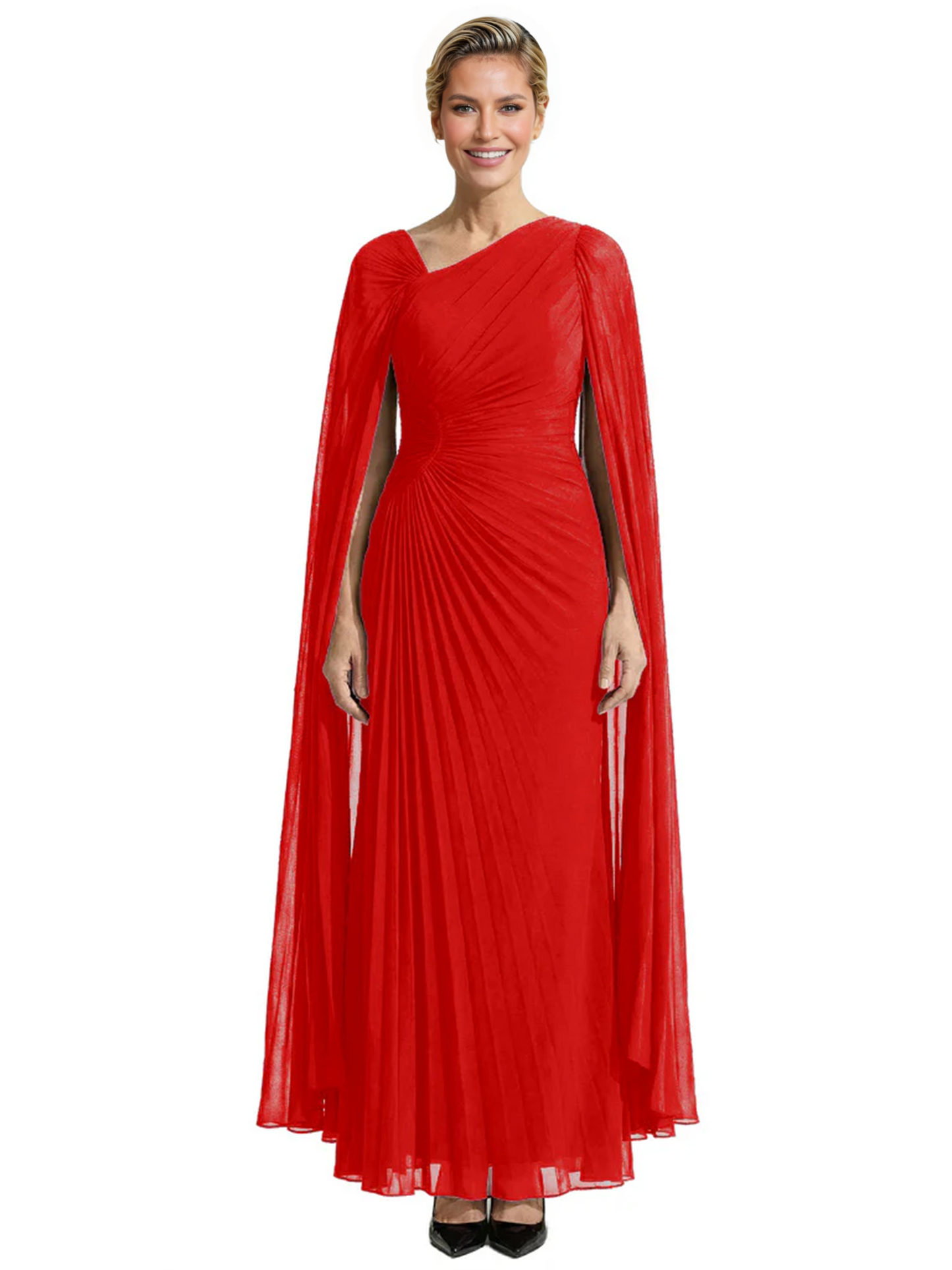 Elegant Asymmetric Neck Long A-Line Chiffon Mother of the Brides Dresses Mom Outfit with Cape