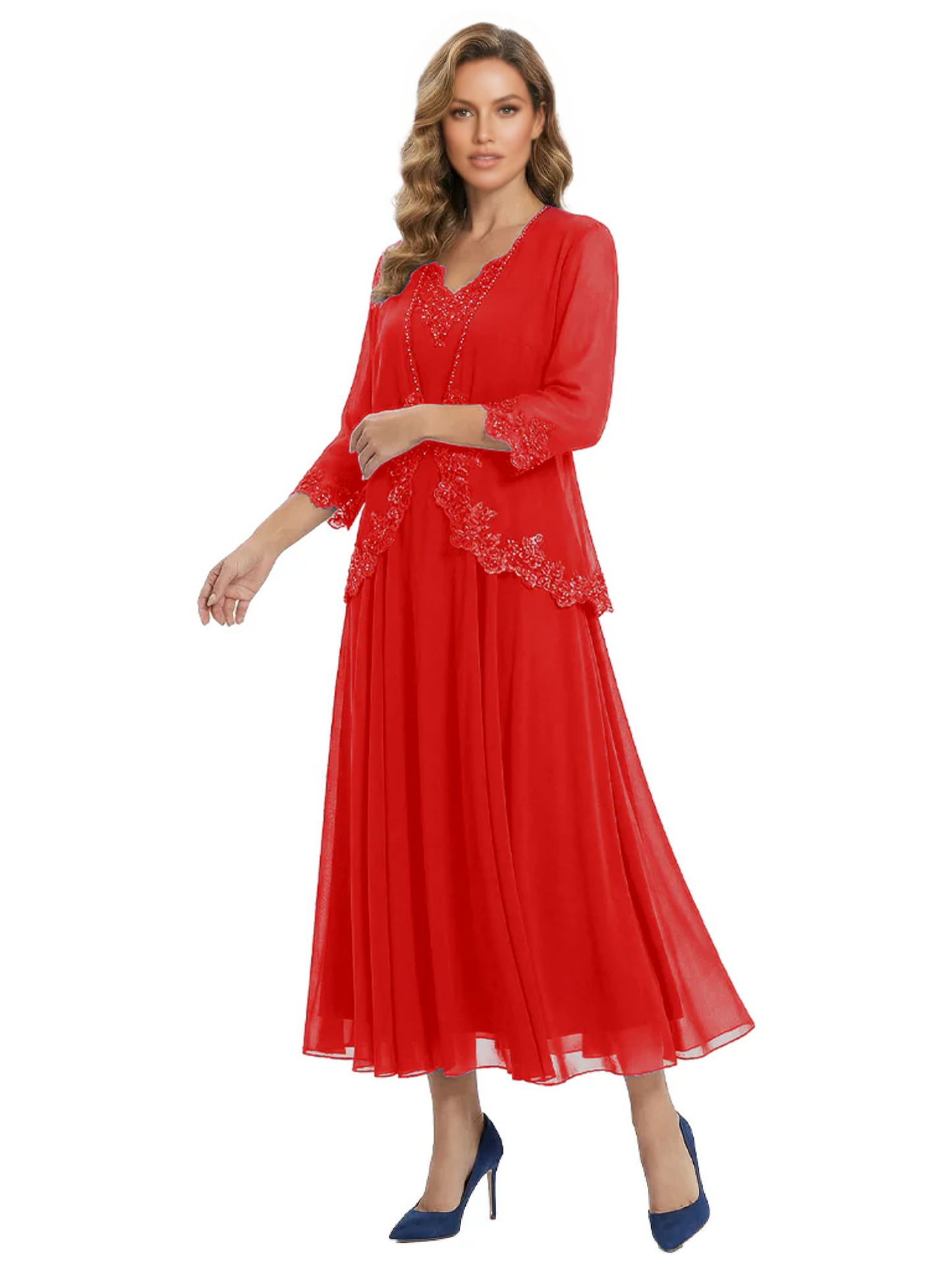 3/4 Sleeve Chiffon Mother of the Brides Dresses V-Neck Wedding Party Gowns