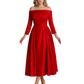 Off Shoulder Mother of the Bride Dress Tea-Length Satin Gown with Lace Applique