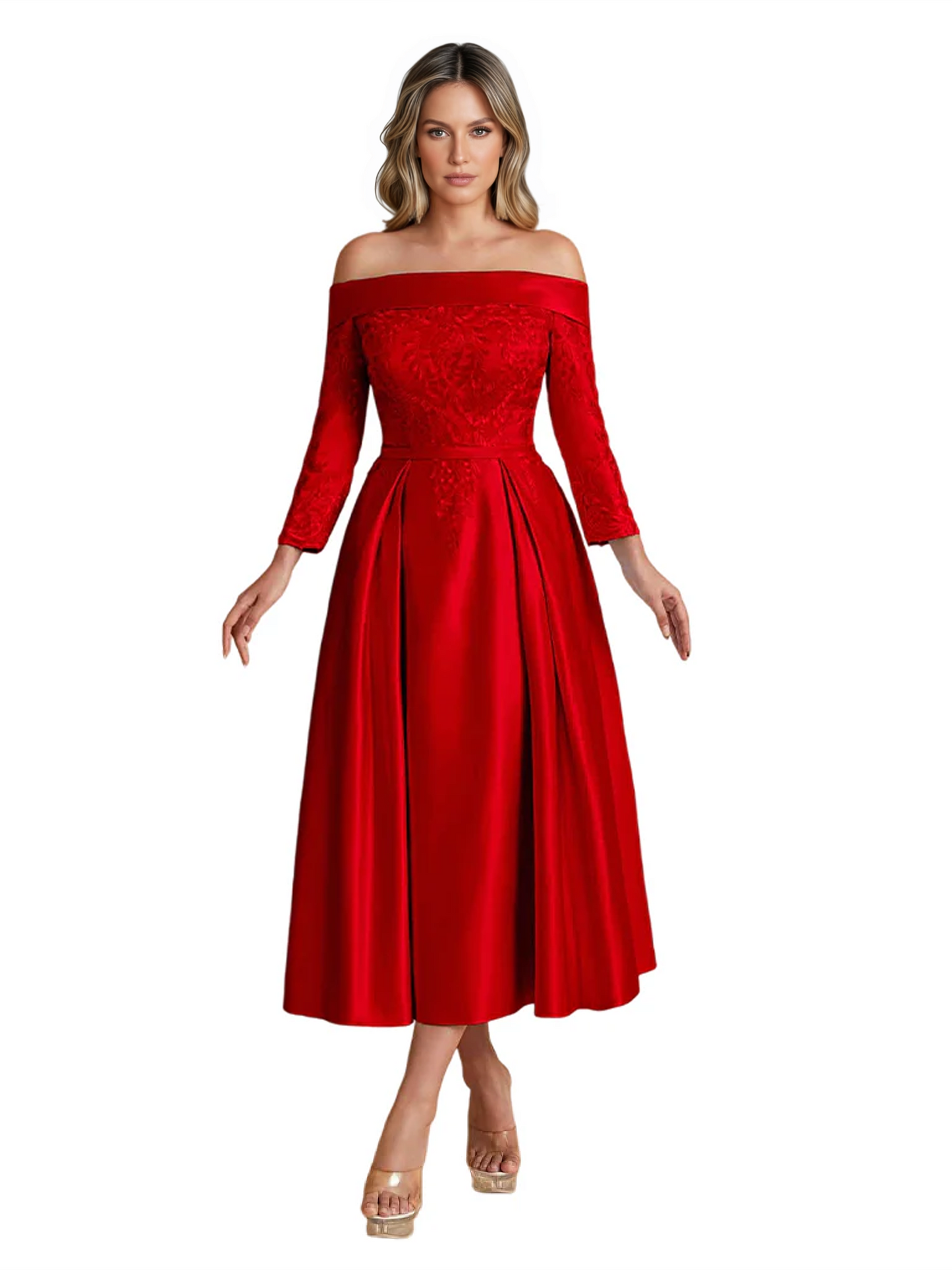 Off Shoulder Mother of the Bride Dress Tea-Length Satin Gown with Lace Applique