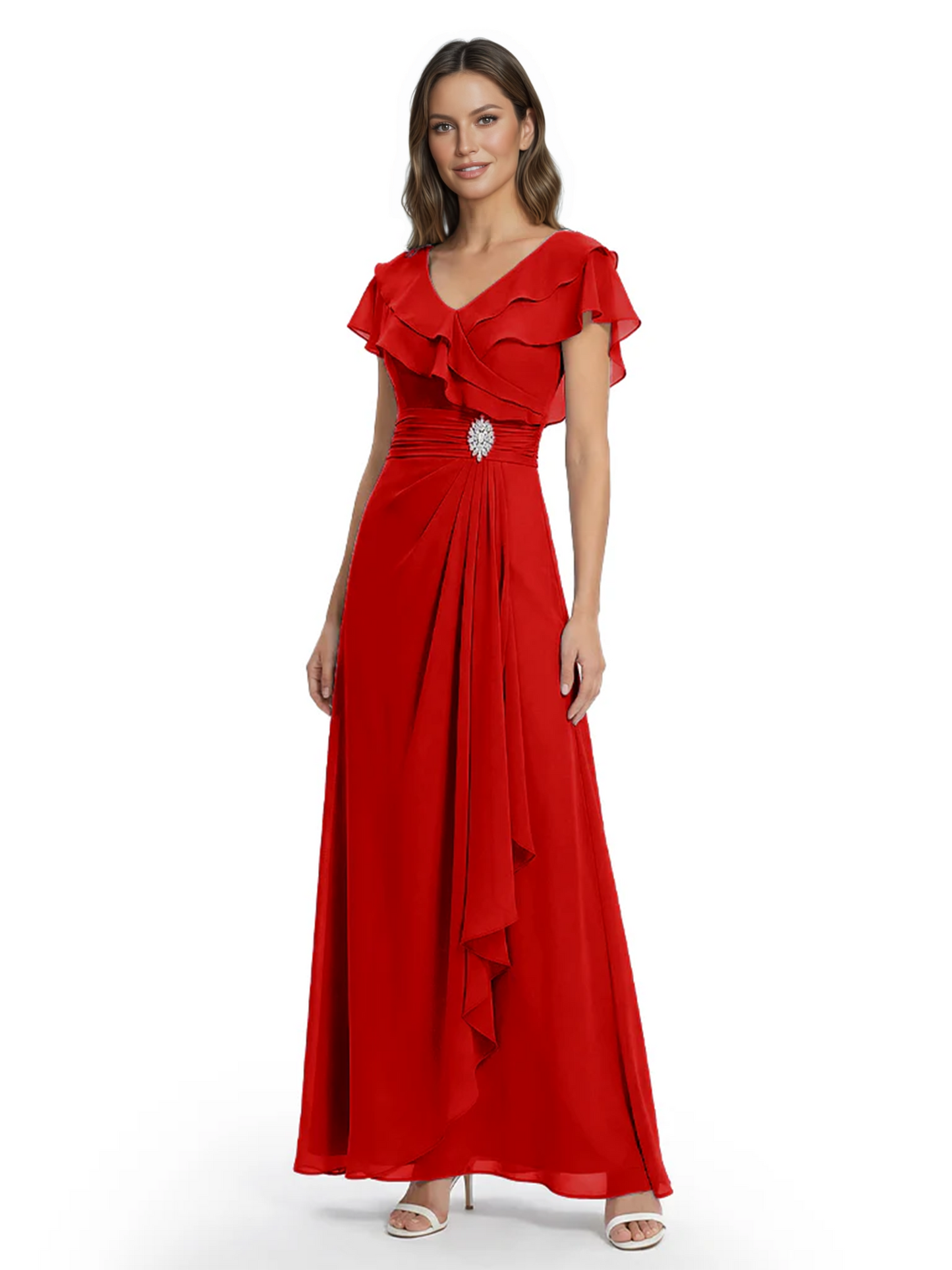 Elegant Mother of the Groom Dress Cascading Ruffle Chiffon Formal Gown Rhinestone