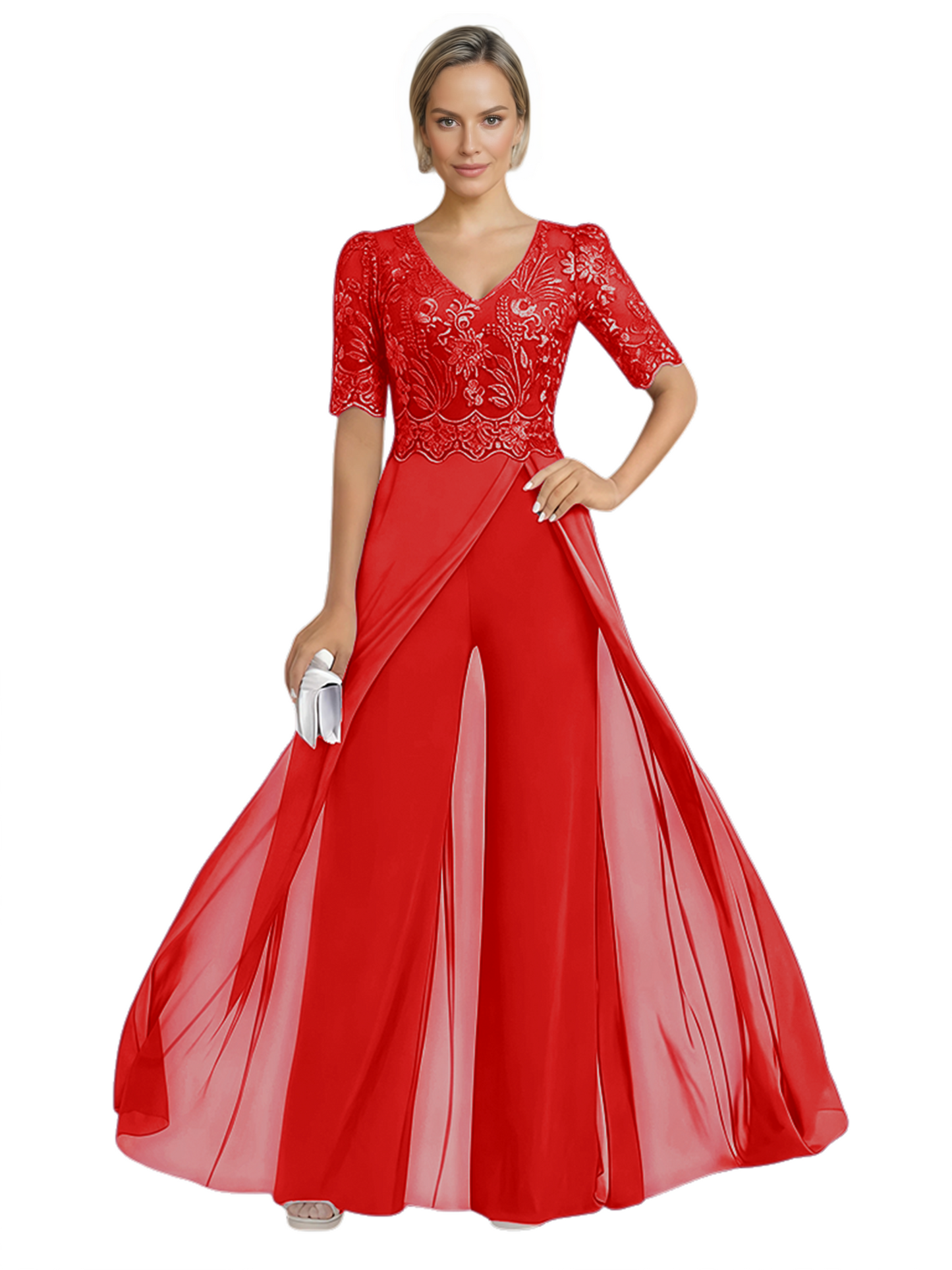 V-Neck Chiffon Mother of the Brides Jumpsuits Dresses Floor Length A-Line Lace