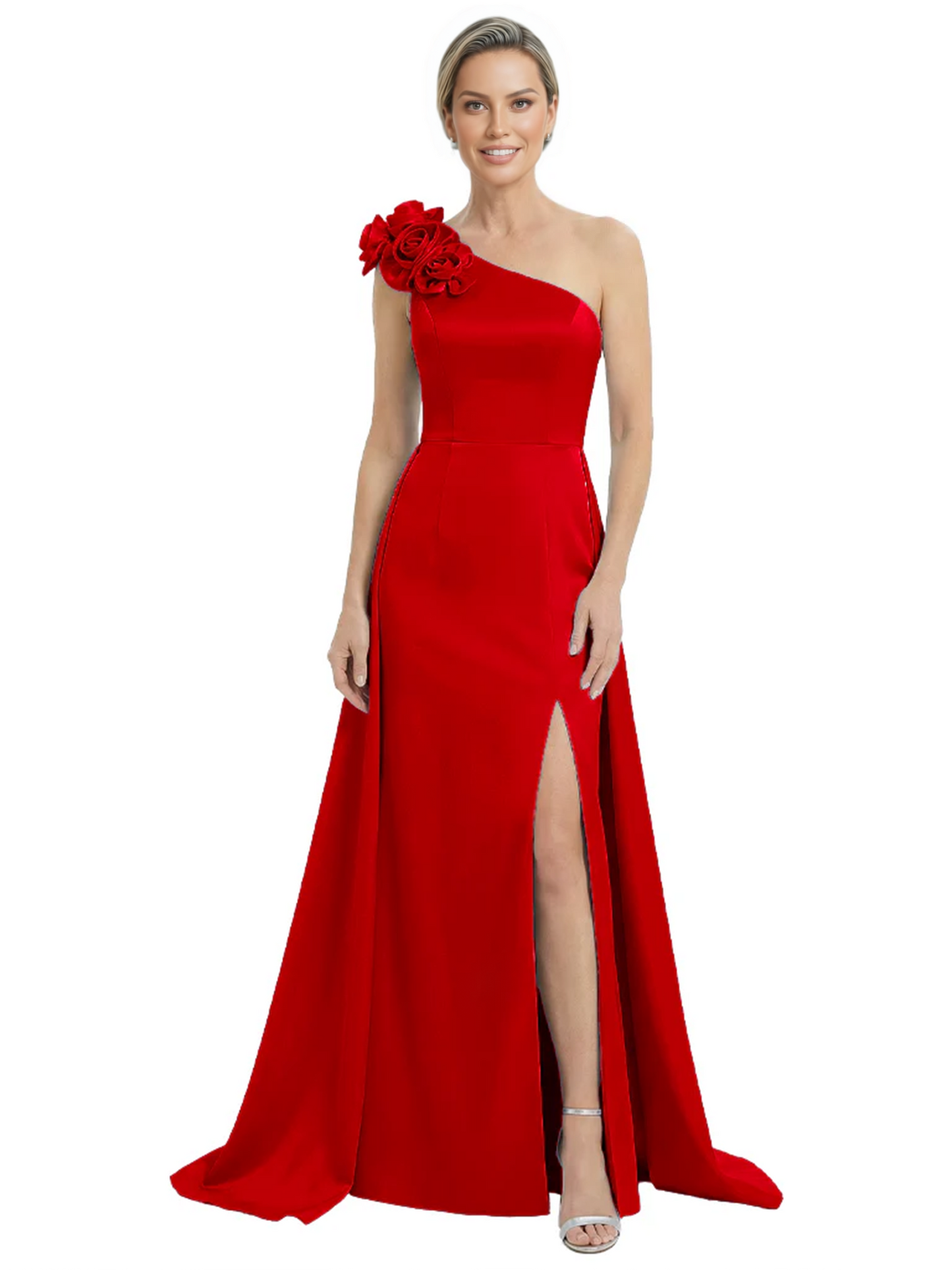 One Shoulder Mother of the Bride Dress with 3D Floral Detail Formal Dress A-Line Gowns with Slit