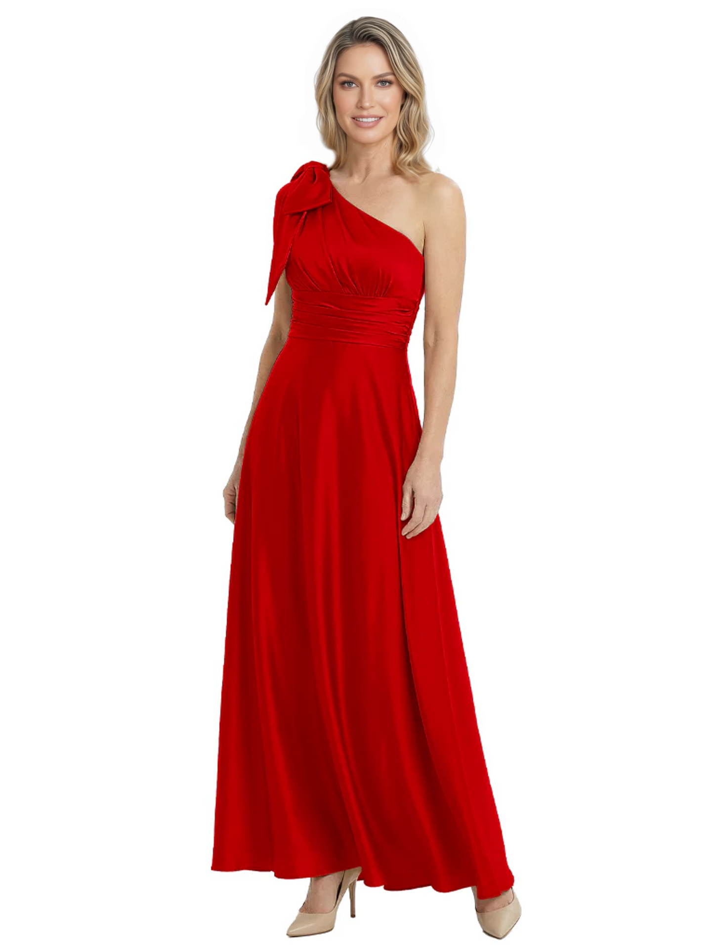 One-Shoulder Mother of the Bride Dress Satin Gown with Bow Ruched Empire Waist