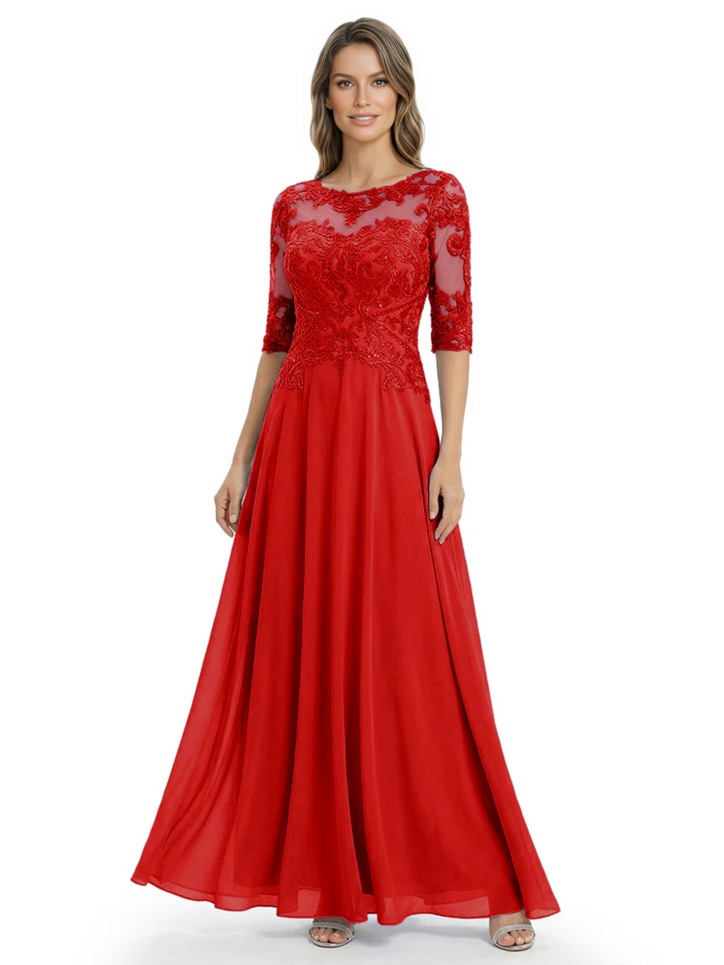 Illusion Neck Mother of the Bride Dress Half Sleeve Lace Applique Gowns Chiffon