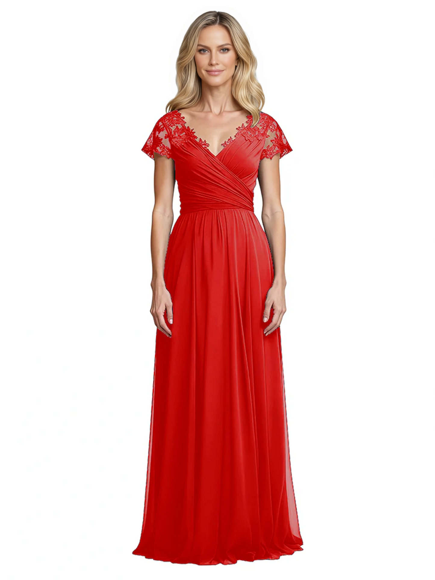 Mother of the Bride Dress Cap Sleeves and V-Neckline with Embroidered Lace Shoulders