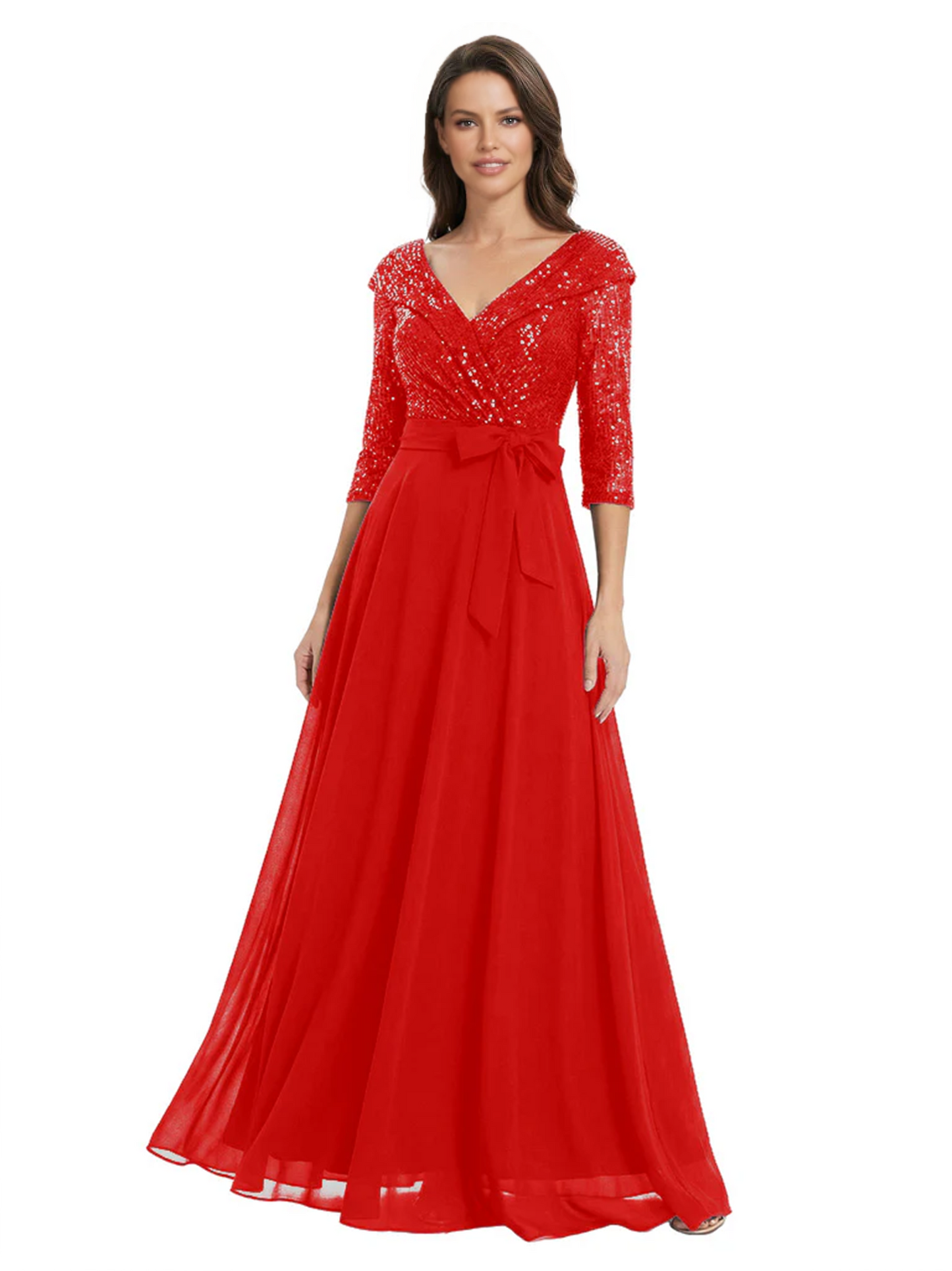 Chiffon Mother of the Bride Dress with Sequin V-Neck and Elegant Bow Sash