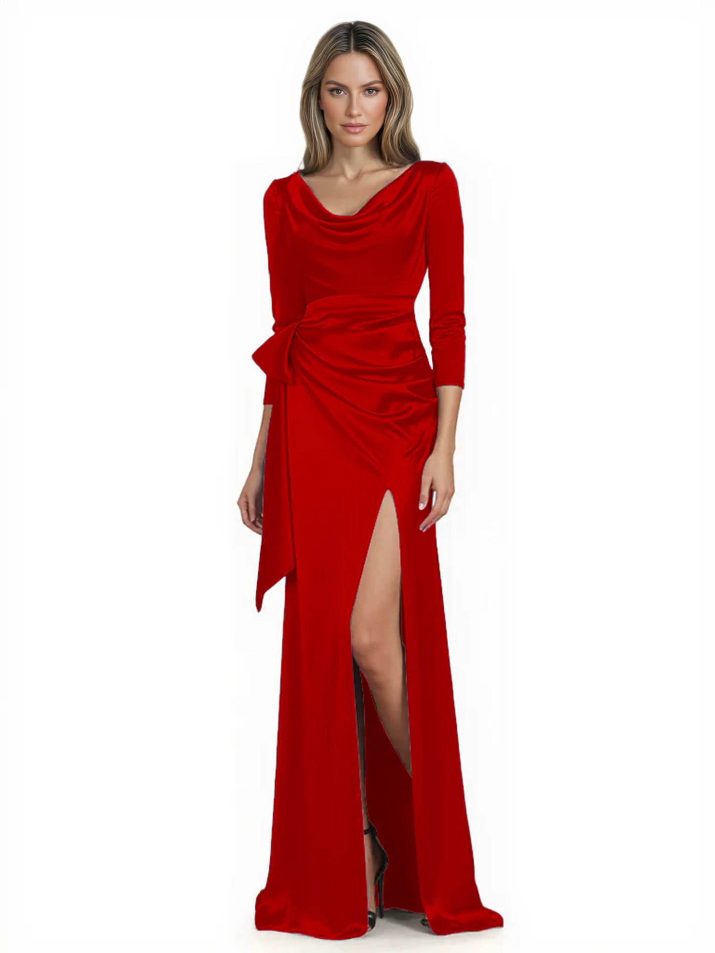 Elegant Evening Gowns Slit Trending Styles Satin Slit Formal Dress Cowl Neckline Gown Tie