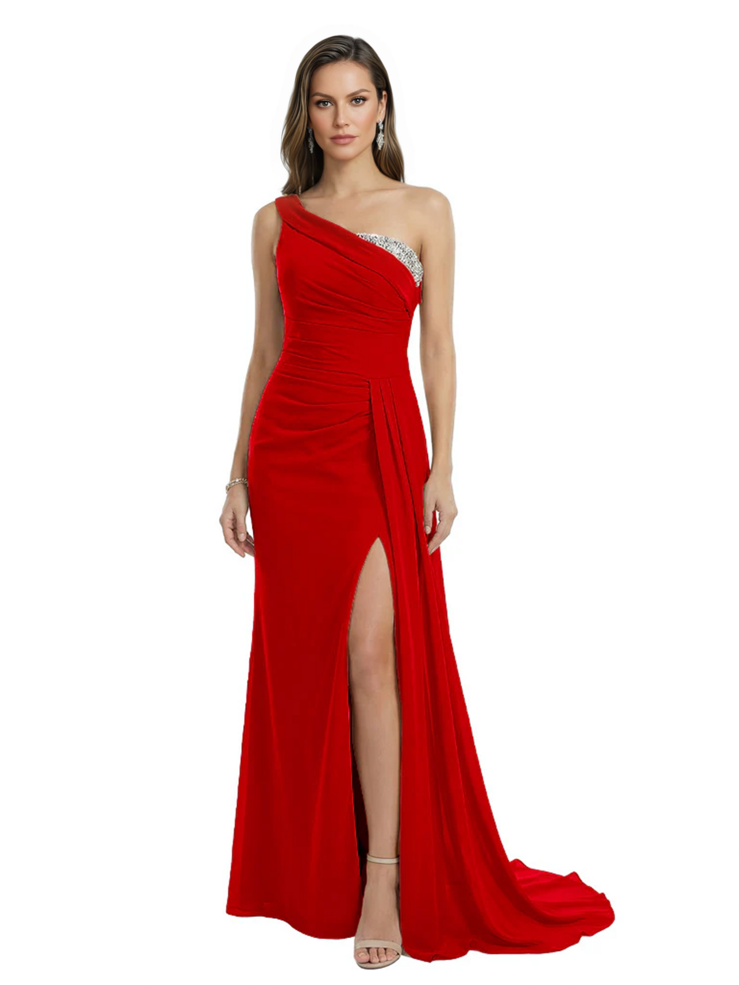 One Shoulder Mother of Bride Dress Ruffle Formal Gowns Mermaid Floor Length Train Slit