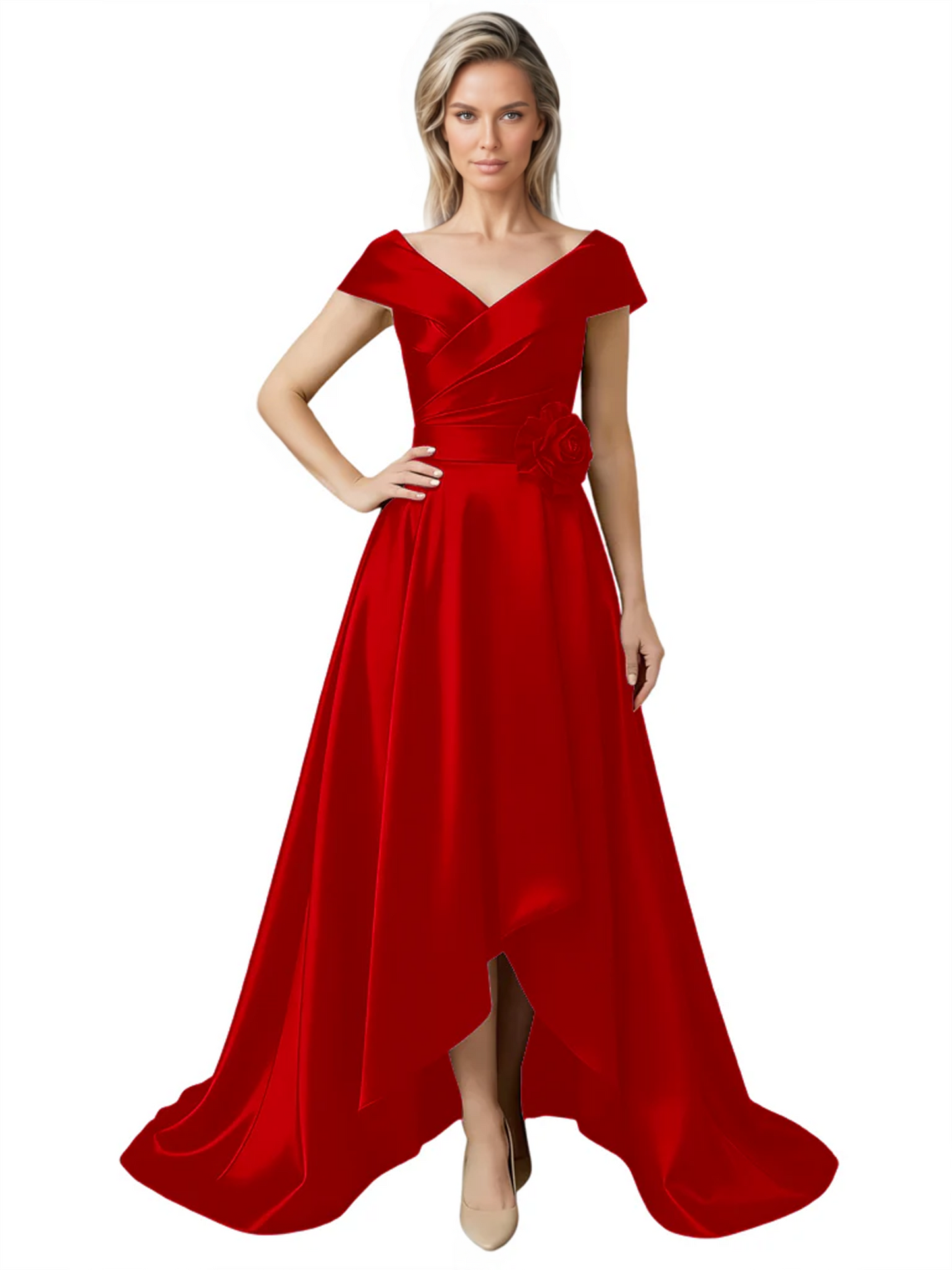 Off Shoulder Mother of the Bride Dress High-Low Satin Gown with Portrait Neckline