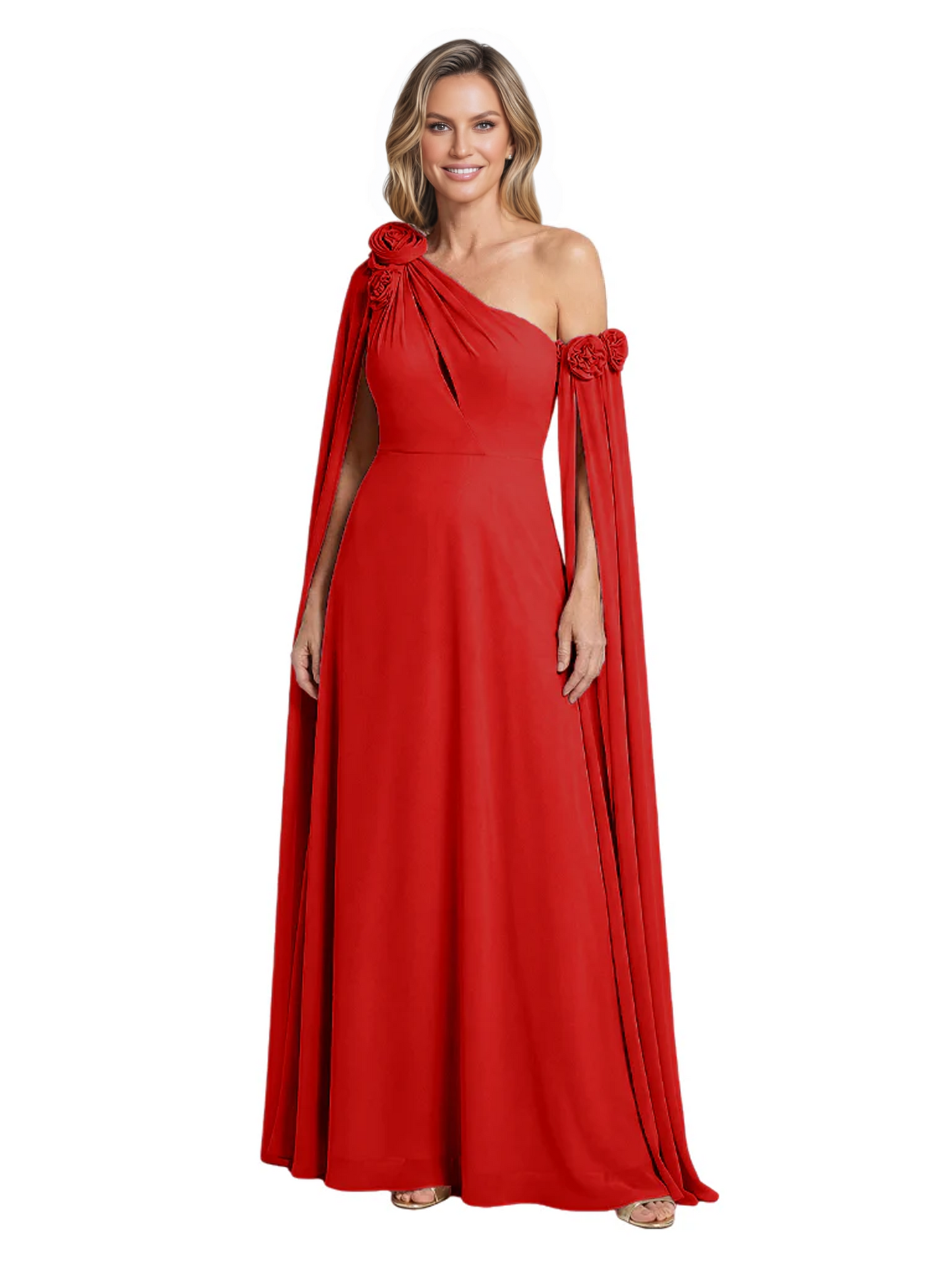 One Shoulder Mother of the Bride Dress Asymmetrical Cape Sleeve Gown with Floral