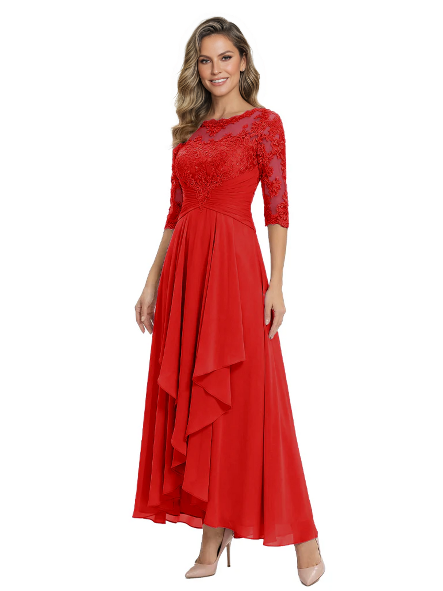 3/4 Sleeve Mother of the Bride Dress with Lace Embroidery High-Low Hem 2026