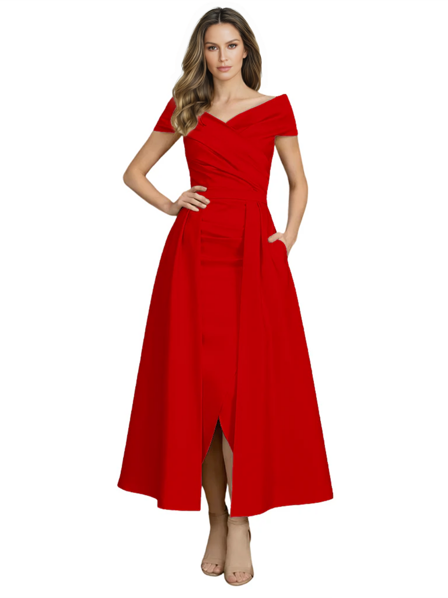 Formal Floor-Length Mother of the Bride Gown Satin Maxi Dress with Slit Off Shoulder