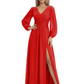 A-Line Mother of Bride Dress V-Neck Chiffon Gown Long Sleeves Slit Formal Dress