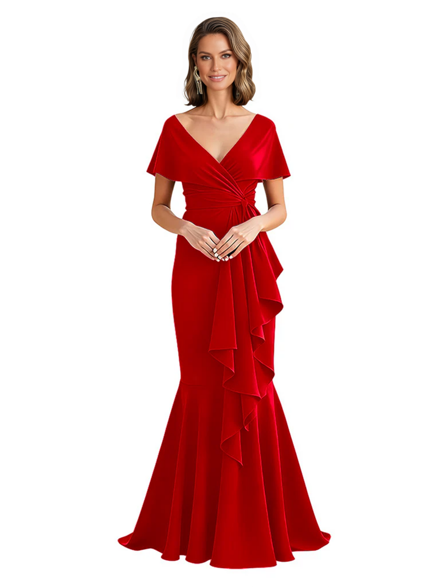 Satin Mother of the Bride Dress with Cascading Ruffles and Mermaid Tail V-Neck