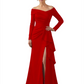 Elegant Mother of the Groom Dress Cascading Ruffle Satin Gown with High Slit Long Sleeves