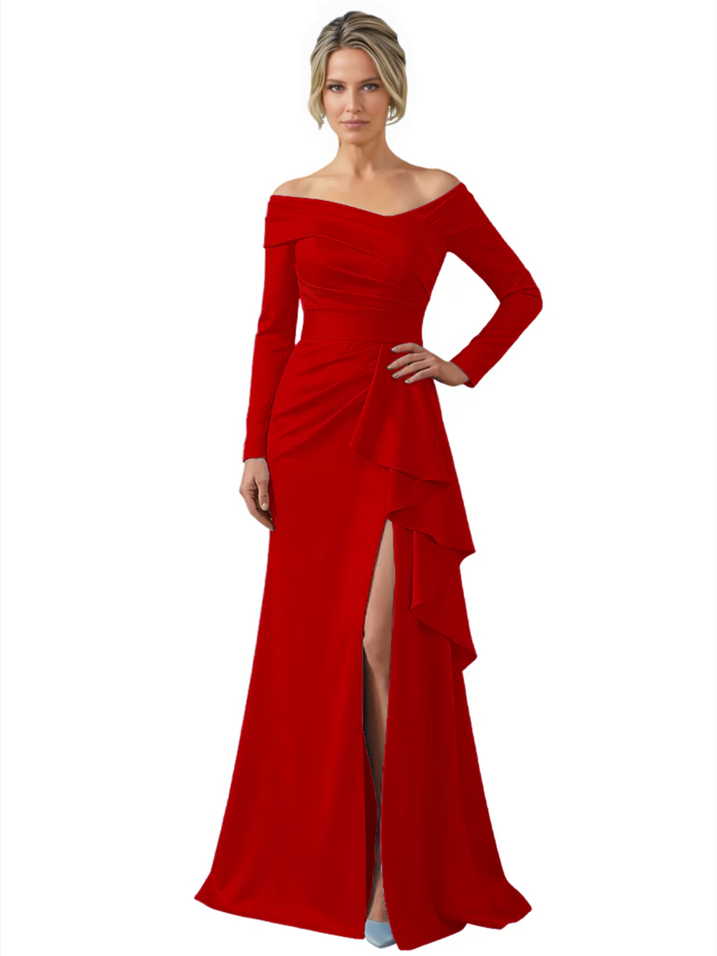 Elegant Mother of the Groom Dress Cascading Ruffle Satin Gown with High Slit Long Sleeves