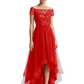Formal High-Low Mother of the Bride Gown Short Sleeve Lace Maxi Dress with Tiered Skirt