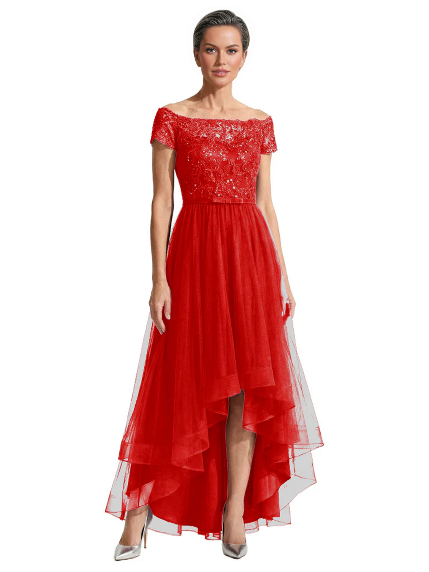Formal High-Low Mother of the Bride Gown Short Sleeve Lace Maxi Dress with Tiered Skirt
