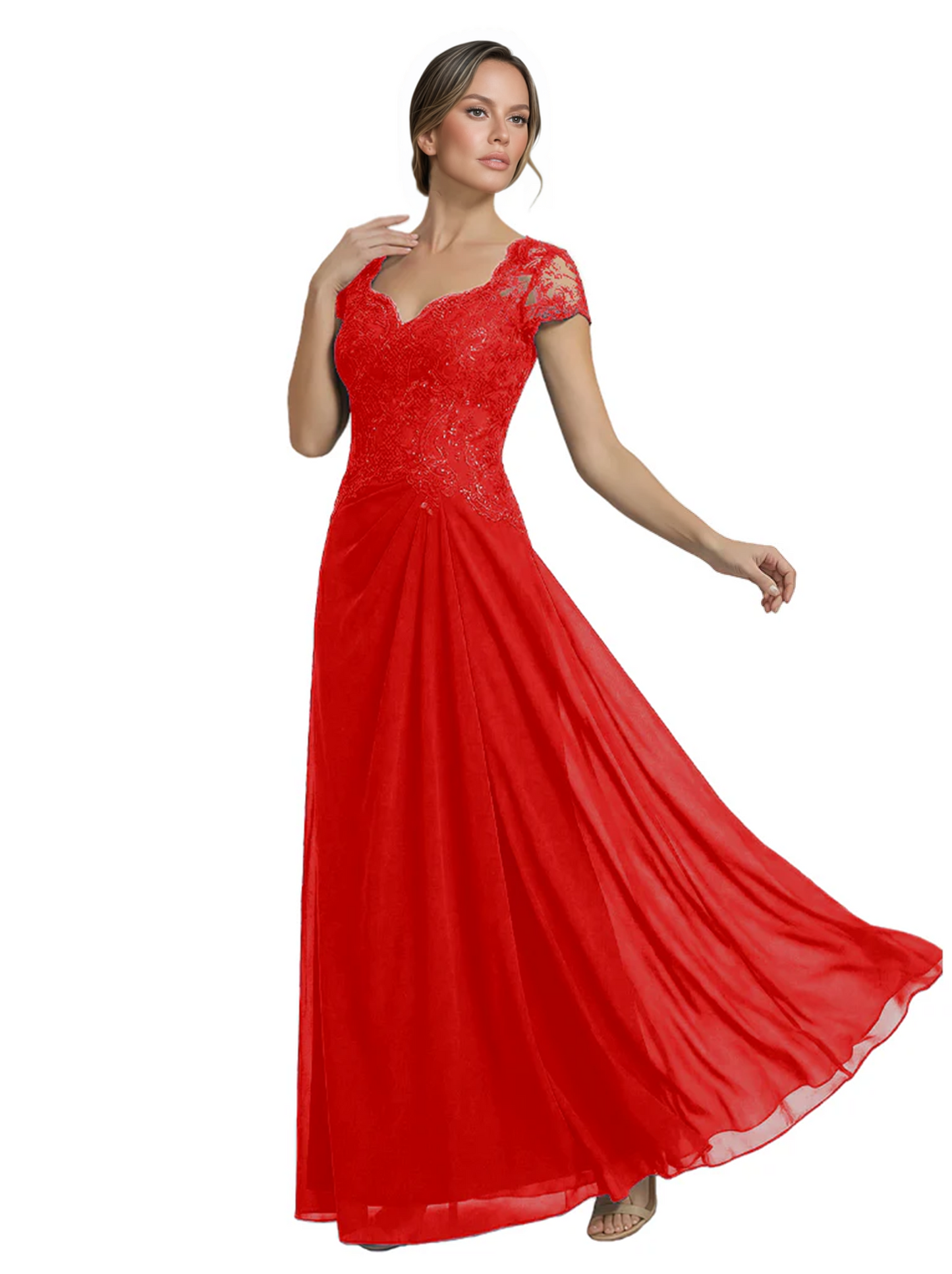 Long A-line Chiffon Short Sleeves Mother of the Brides Dresses Lace Wedding