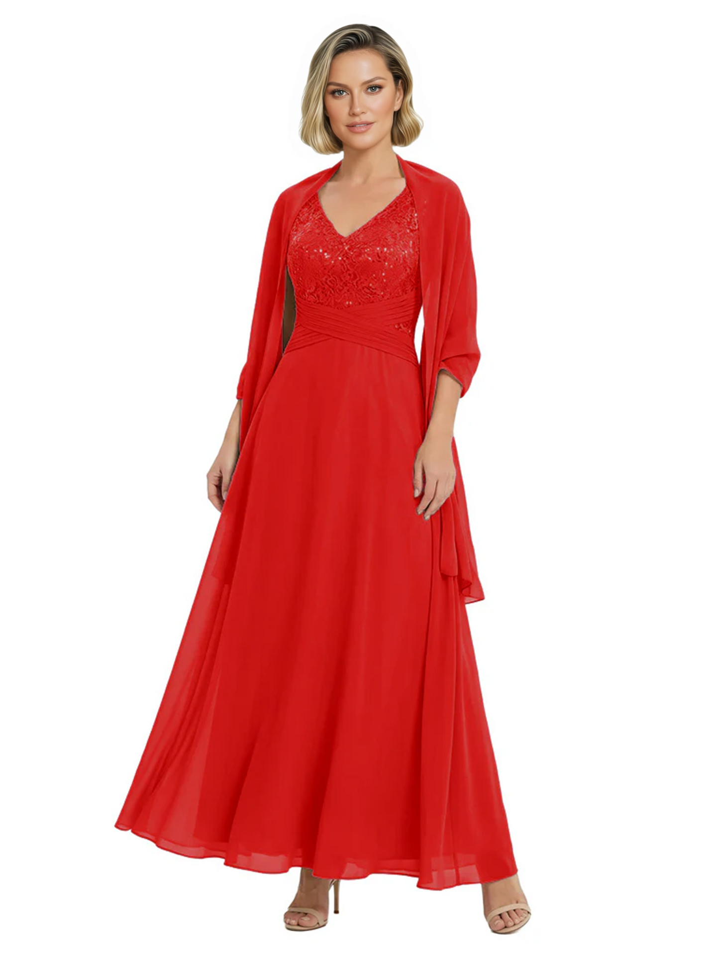 Luxury Formal Mother of Bride Dress Sparkling Sequin Top & Flowy Chiffon Skirt with Shawl
