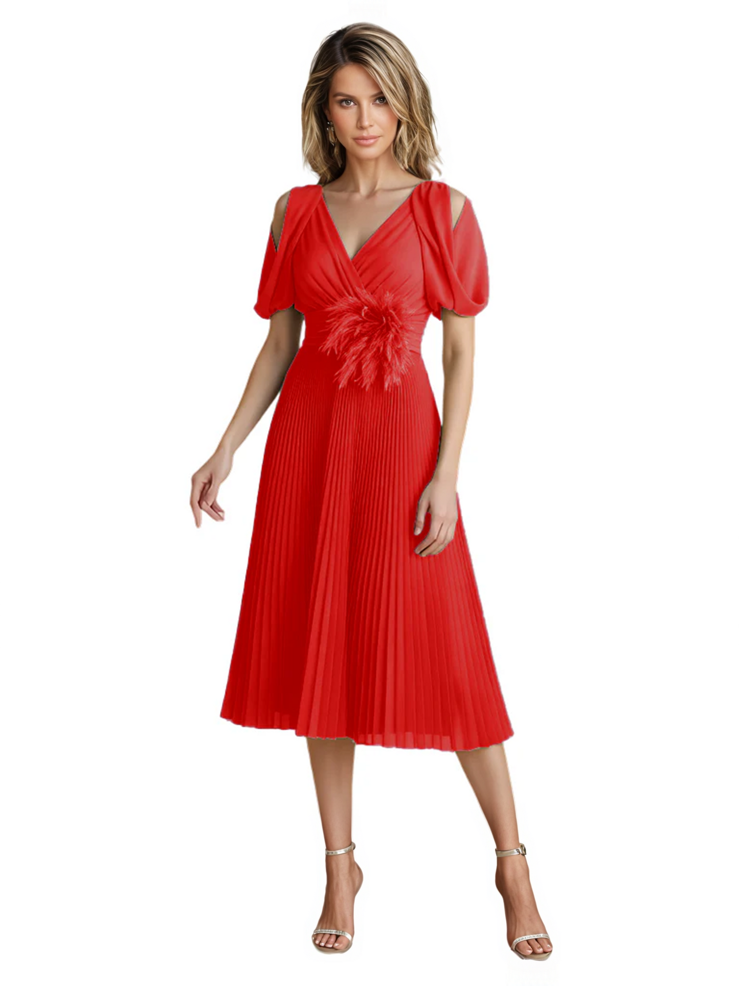 Wedding Formal Dress V-Neck Pleated Chiffon Gown with 3D Flower Accent Knee Length