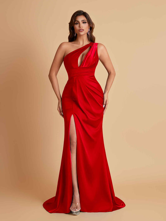 Sexy One Shoulder Soft Satin Side Slit Floor-Length Mermaid Bridesmaid Dresses