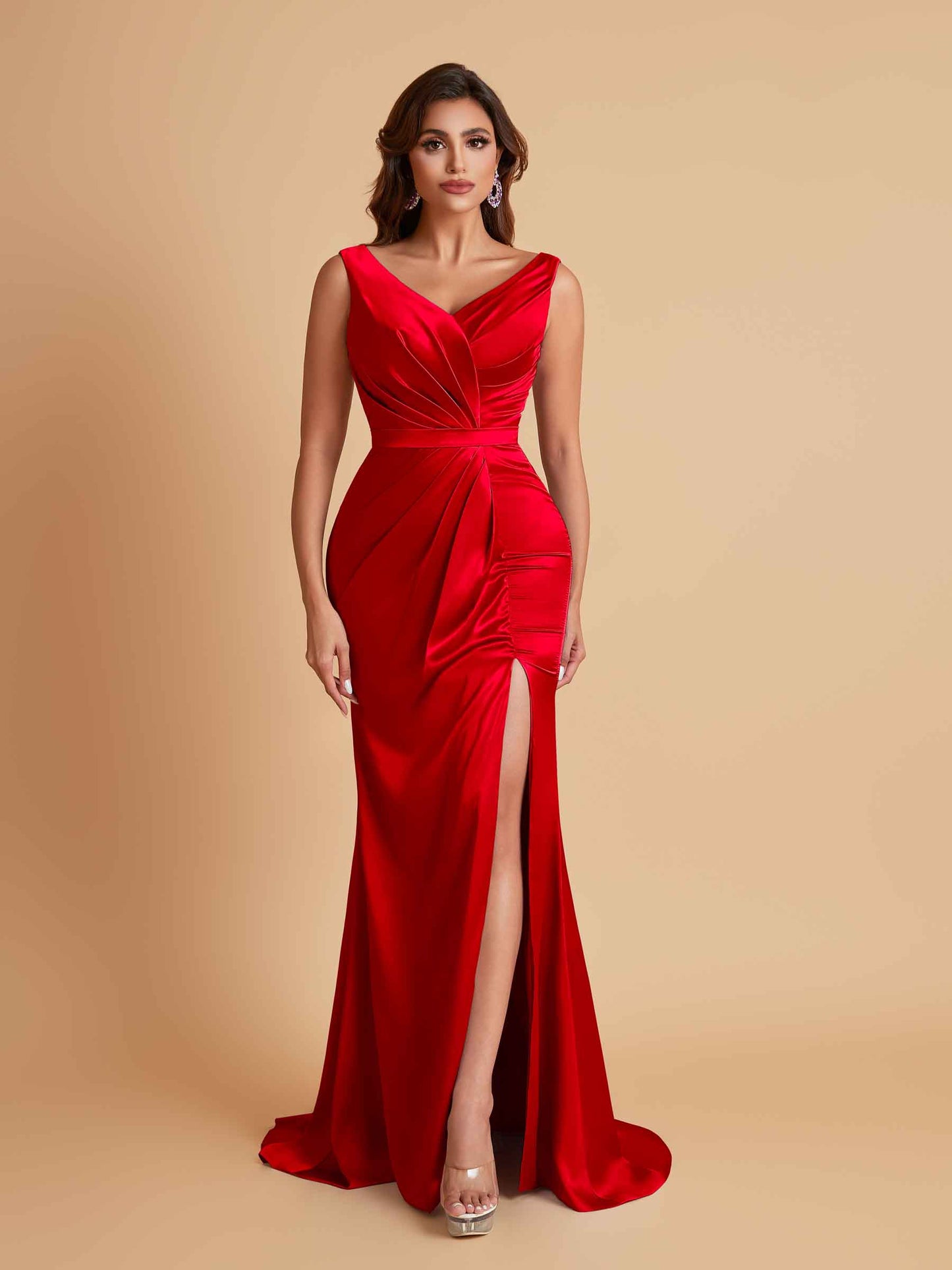 Elegant V Neck Soft Satin Side Slit Floor-Length Mermaid Bridesmaid Dresses