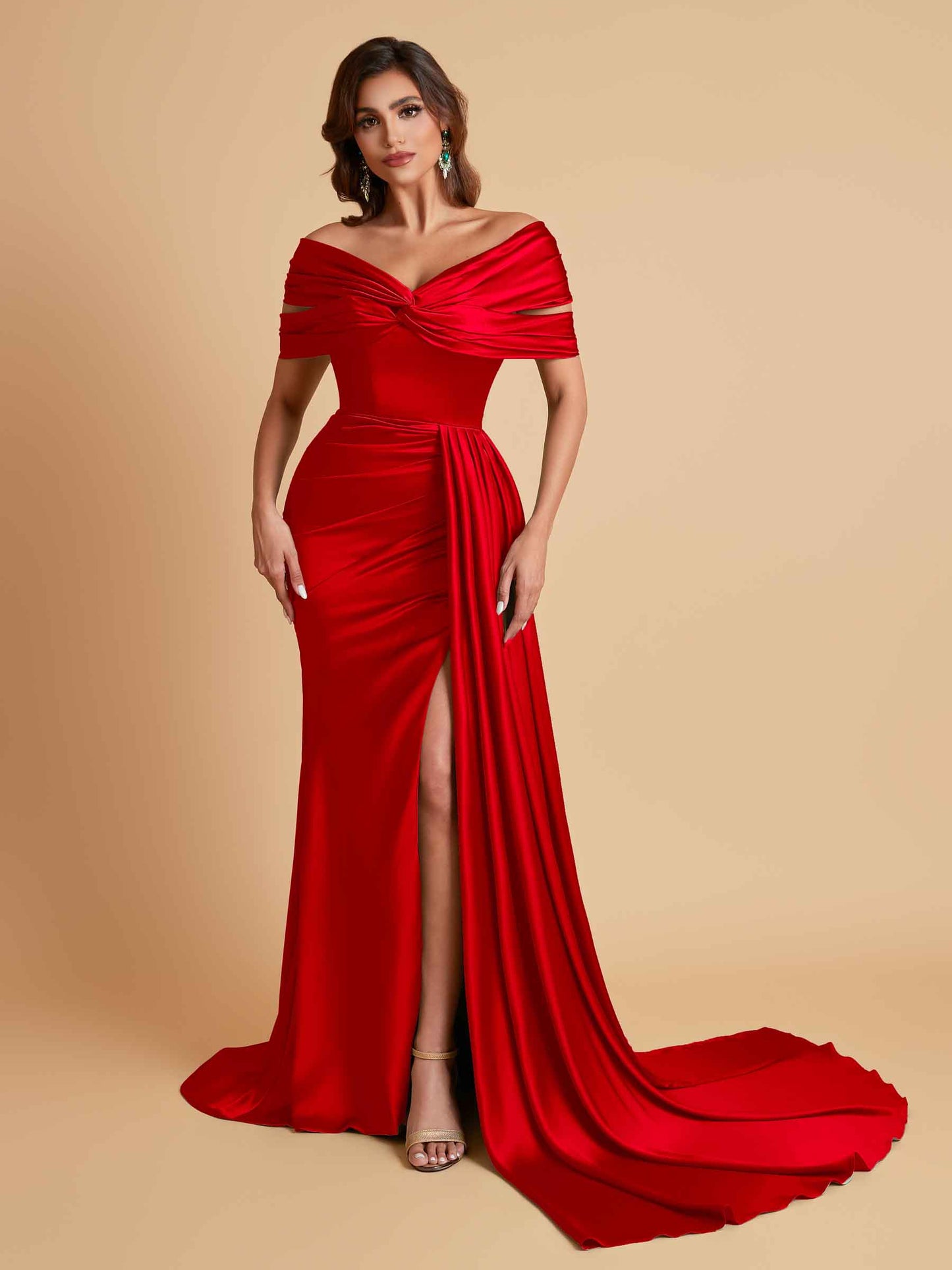 Elegant Soft Satin V-neck Off-the-Shoulder Side-Slit Mermaid Bridesmaid Dresses